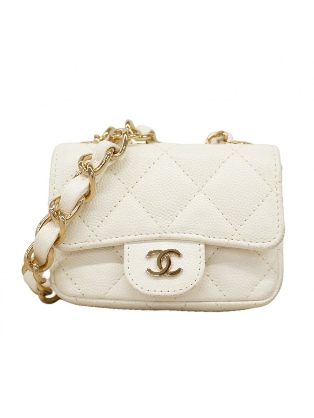 Chanel Pochette Mini Quilted Caviar Leather White Champagne Gold